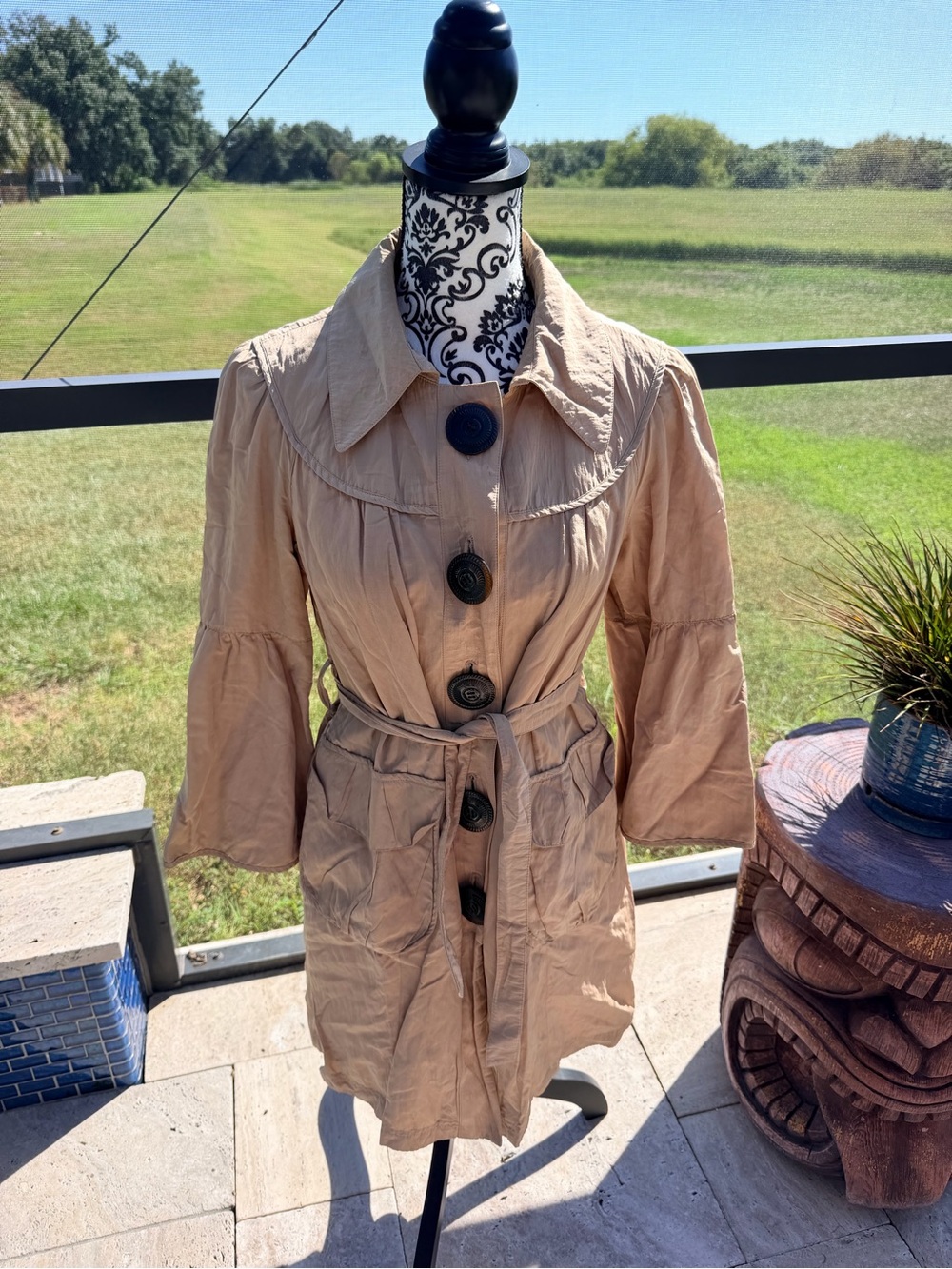 Nanette Lepore Trench Coat Size 6 Tan Belted Oversized Buttons 3/4 Sleeve